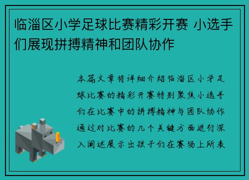 临淄区小学足球比赛精彩开赛 小选手们展现拼搏精神和团队协作