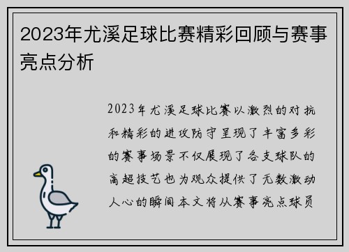 2023年尤溪足球比赛精彩回顾与赛事亮点分析