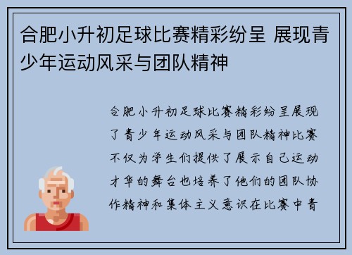 合肥小升初足球比赛精彩纷呈 展现青少年运动风采与团队精神