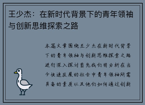 王少杰：在新时代背景下的青年领袖与创新思维探索之路