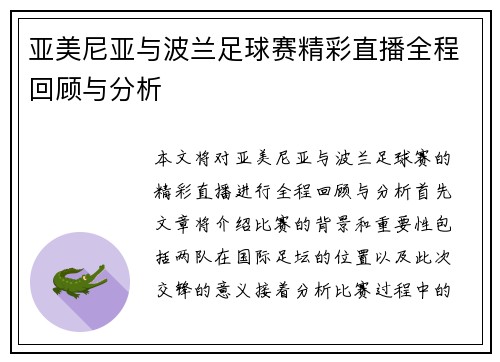 亚美尼亚与波兰足球赛精彩直播全程回顾与分析