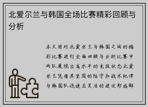 北爱尔兰与韩国全场比赛精彩回顾与分析